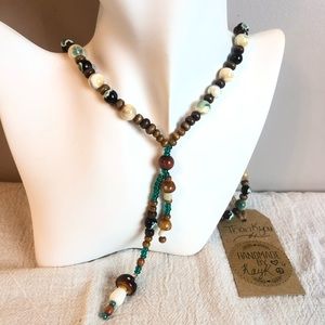 Handmade by: Kayk Agate, Jasper, Wood, and Glass beaded necklace 24” #188